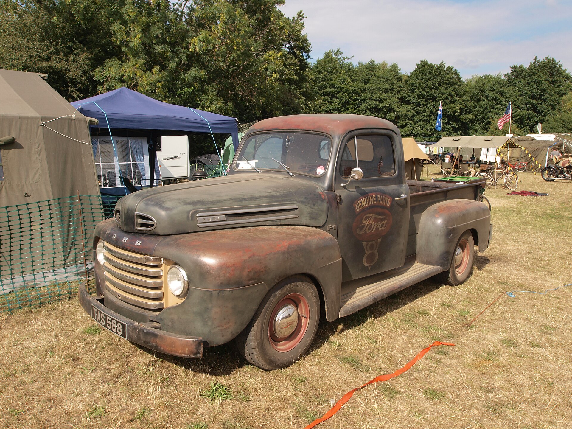 Front three-quarter view of a weathered 1948 Ford F-1 pickup
